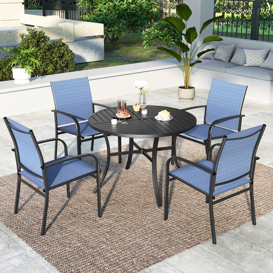 Summit-Living-5-Piece-Outdoor-Patio-Dining-Set-with-Metal- Steel-Round-Table-Textilene-Chairs-for-4-Person-Black-Blue