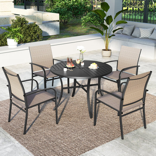 Summit-Living-5-Piece-Outdoor-Patio-Dining-Set-with-Metal- Steel-Round-Table-Textilene-Chairs-for-4-Person-Black-Gray
