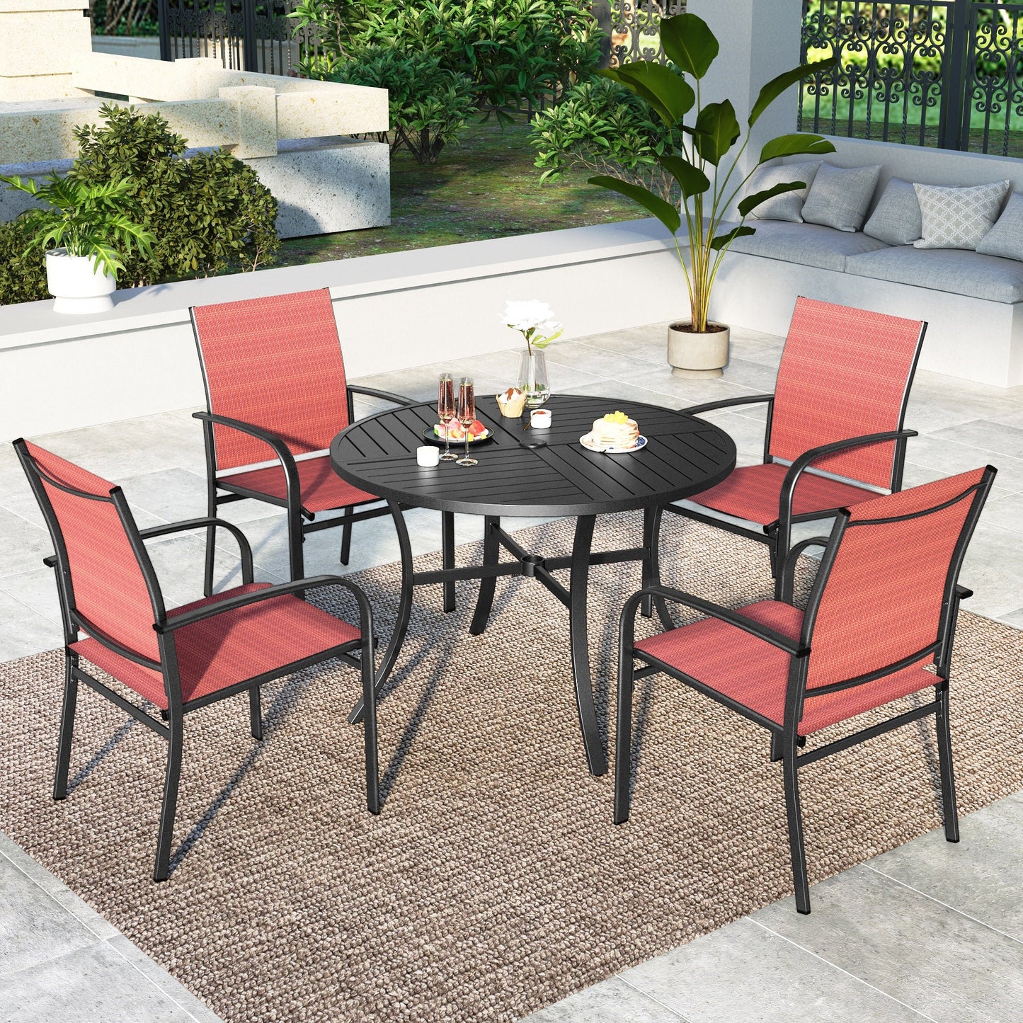 Summit-Living-5-Piece-Outdoor-Patio-Dining-Set-with-Metal-Steel-Round-Table-Textilene-Chairs-for- 4-Person-Black-Red