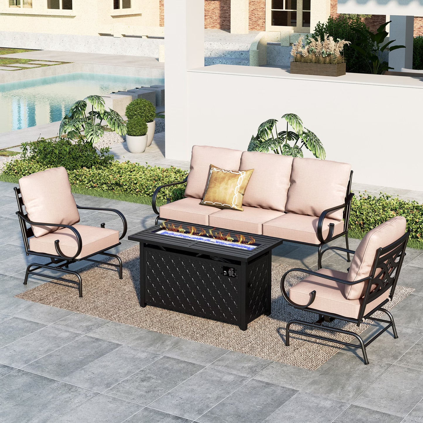 SUMMIT LIVING 5-Seat Patio Conversation Set with 45" Fire Pit Table, Metal Outdoor Furniture Sofa Set with 2 Rocking Chairs, 50,000 BTU, Black & Beige