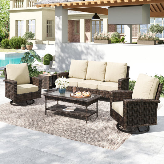 SUMMIT LIVING 5-Seat Wicker Patio Furniture Set with 2 Swivel Chairs & 3-Seat Sofa with 2 pieces Coffee Table, Outdoor Rattan Sectional Conversation Set, Beige
