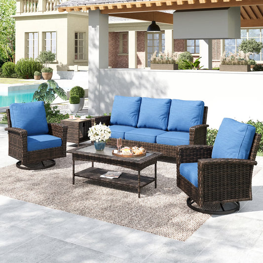 SUMMIT LIVING 5-Seat Wicker Patio Furniture Set with 2 Swivel Chairs & 3-Seat Sofa with 2 pieces Coffee Table, Outdoor Rattan Sectional Conversation Set, Navy Blue