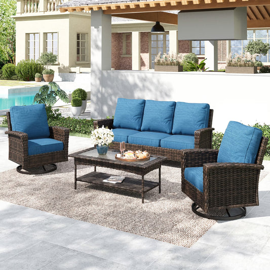 Summit Living 5-Piece Wicker Patio Furniture Set with 2 Swivel Chairs & 3-Seat Sofa with Coffee Table, Outdoor Rattan Sectional Conversation Set, Peacock-Blue