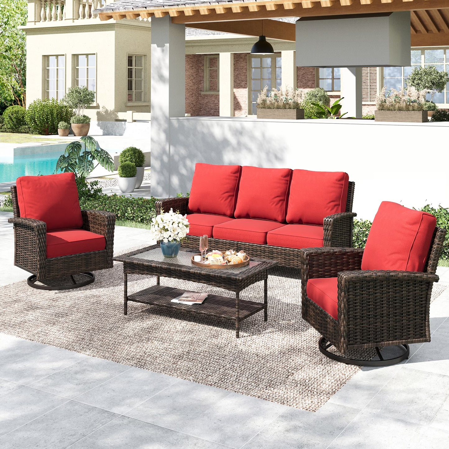 Summit Living 5-Piece Wicker Patio Furniture Set with 2 Swivel Chairs & 3-Seat Sofa with Coffee Table, Outdoor Rattan Sectional Conversation Set, Red