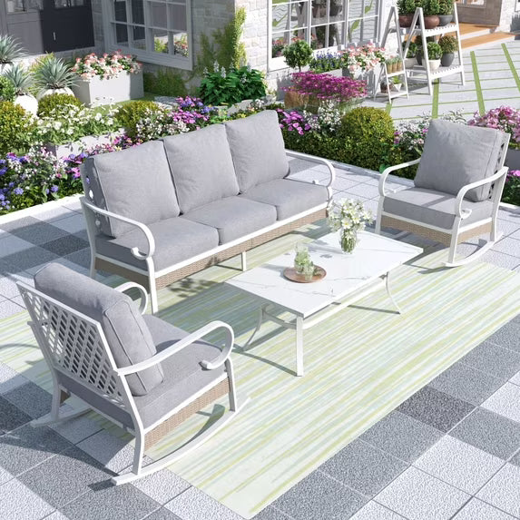 MF Studio 5-Seater Patio Conversation Set Metal Outdoor Furniture with Rocking Chair Sofa Gray