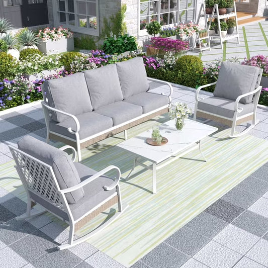 MF Studio 5-Seater Patio Conversation Set Metal Outdoor Furniture with Rocking Chair Sofa Gray