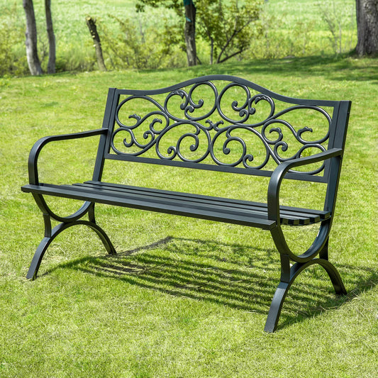 Summit Living 50 Outdoor Garden Bench, Cast Iron Metal Frame Patio Park Bench, Black