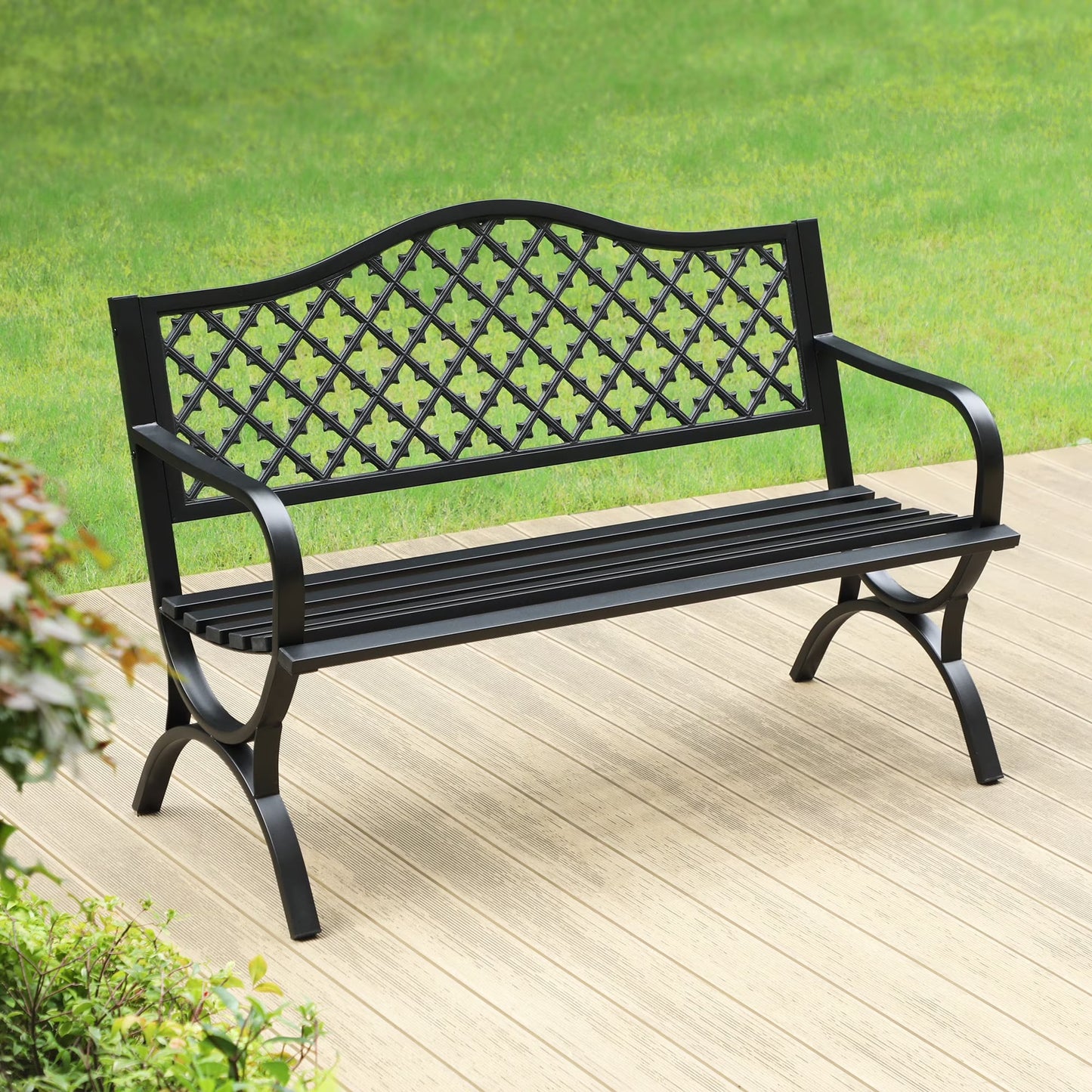 SUMMIT LIVING 50" Outdoor Garden Bench Chairs, Metal Frame Patio Park Bench with Armrest, Black
