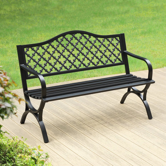 SUMMIT LIVING 50" Outdoor Garden Bench Chairs, Metal Frame Patio Park Bench with Armrest, Black