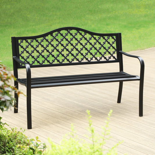 SUMMIT LIVING 50" Outdoor Garden Bench Chairs, Metal Frame Patio Park Bench with Armrest for Porch, Lawn, Yard, Black