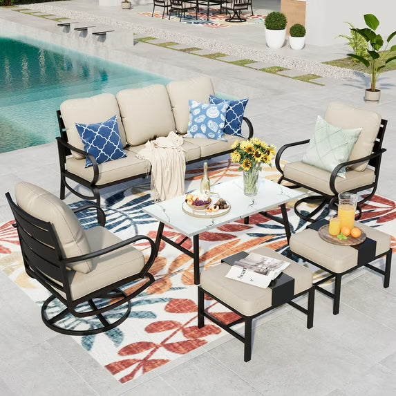 Summit Living 6 PCS Outdoor Conversation Set for 7 People, Steel Patio Furniture Sectional Sofa Set with Beige Cushion