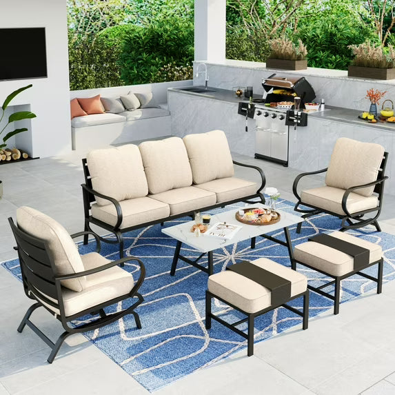 Summit Living 6 PCS Outdoor Conversation Set for 7 People, Steel Patio Furniture Sectional Sofa Set with Beige Cushion