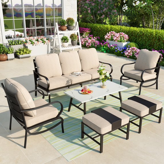 Summit Living 6 PCS Outdoor Conversation Set for 7 People, Steel Patio Furniture Sectional Sofa Set with Beige Cushion
