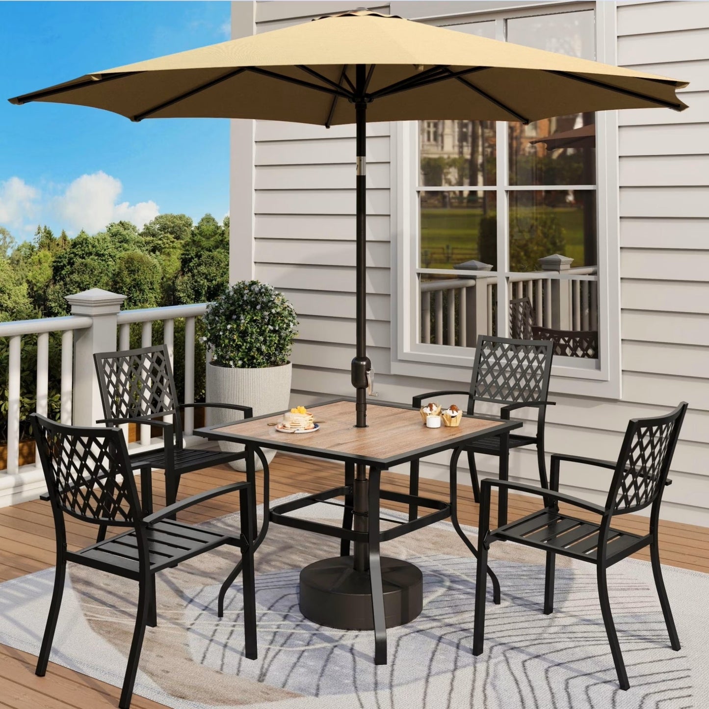 MF Studio 6-Piece Outdoor Dining Set with 9 ft Umbrella, Stacking Chairs & Wood-like Table for 4-Person, Black & Beige