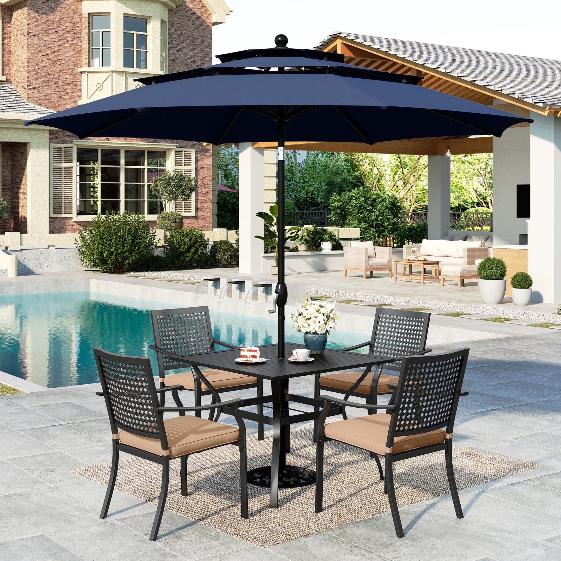 6-piece patio set with umbrella Outsunny 6 Piece Outdoor Dining for 4 Black/Coffee while the sturdy metal frame and durable glass tabletop ensure long 6 Piece Patio Dining Set