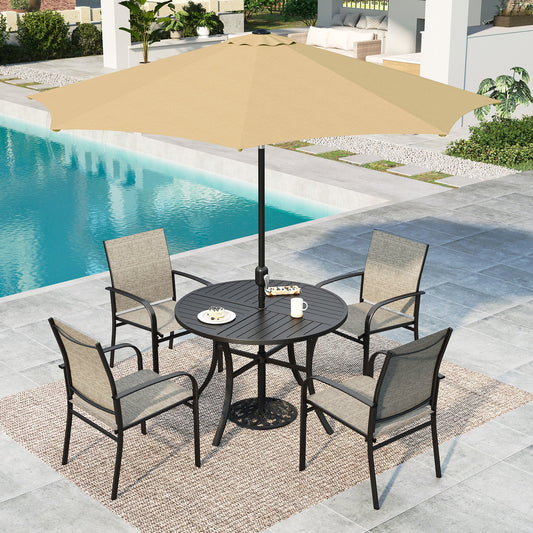 Summit-Living-6-Piece-Outdoor-Patio-Dining-Set-with-Metal- Steel-Round-Table-4-Textilene-Chairs-9-ft-Patio-Beige- Umbrella-Black-Gray