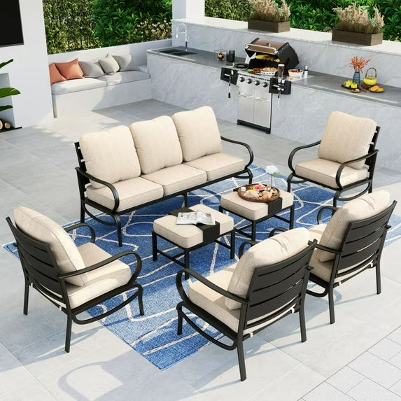 Summit Living 7 Pcs Outdoor Conversation Set, Patio Metal Furniture Sofa Set for 9 Person with Beige Cushion