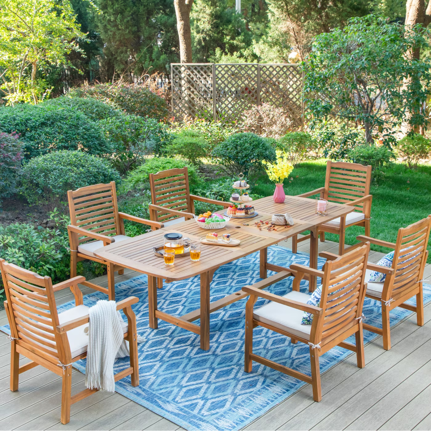 SUMMIT LIVING 7-Piece Acacia Wood Outdoor Patio Dining Set with 6 Wooden Chairs with Cushions & 1 Expandable Teak Dining Table for 6-8 Person