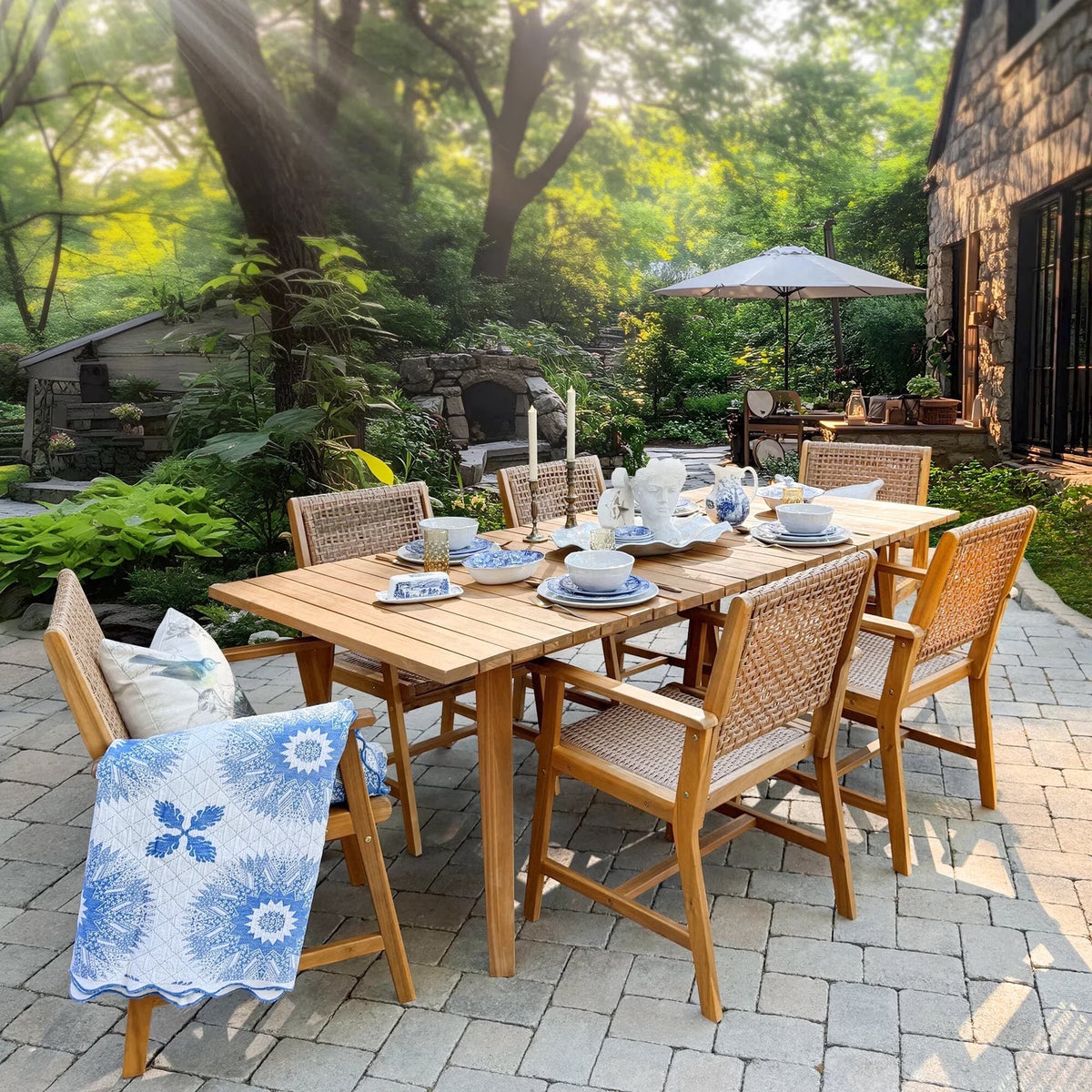 Summit Living 7-Piece Acacia Wood Outdoor Patio Dining Set for 6, Wood Table & 6 Rattan Chairs, Weather-Resistant, Brown, Backyard