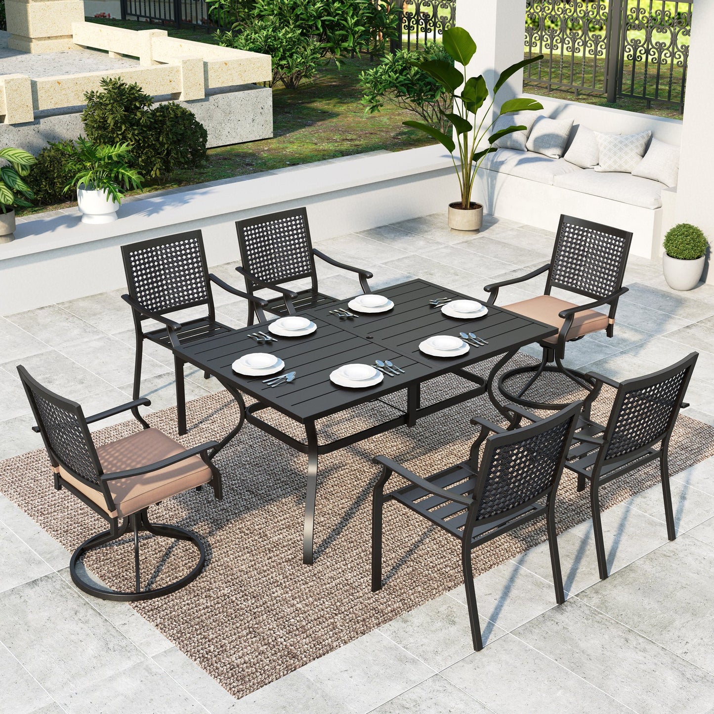 Summit-Living-7-Piece-Metal-Steel-Outdoor-Patio-Dining-Set- with-4-Stackable-Armchairs-2-Swivel-Chairs-with- Cushions-1-Rectangle-Table-with-Umbrella-Hole-Black