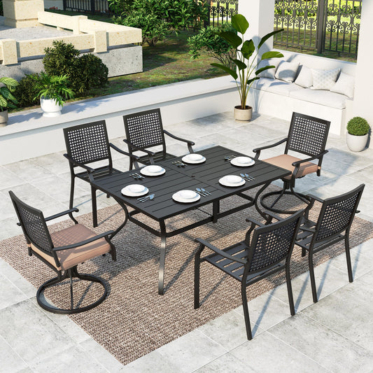 Summit-Living-7-Piece-Metal-Steel-Outdoor-Patio-Dining-Set- with-4-Stackable-Armchairs-2-Swivel-Chairs-with- Cushions-1-Rectangle-Table-with-Umbrella-Hole-Black