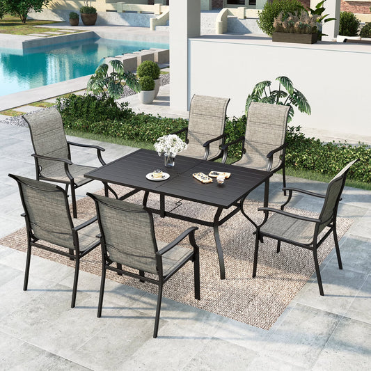 SUMMIT LIVING 7-Piece Outdoor Dining Set with High-Back Padded Chairs for 6-Person, Umbrella Support, Black & Gray