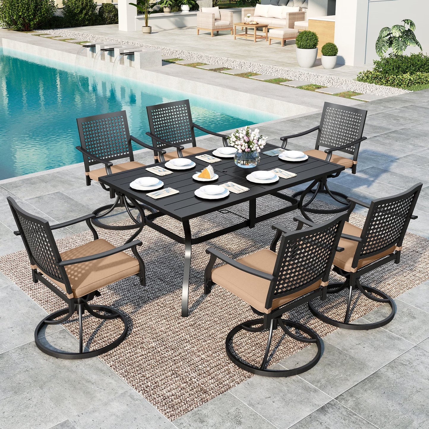 SUMMIT LIVING 7-Piece Outdoor Patio Dining Set, Metal Steel Swivel Chairs with Cushions & Rectangle Table with Umbrella Hole, Black & Brown