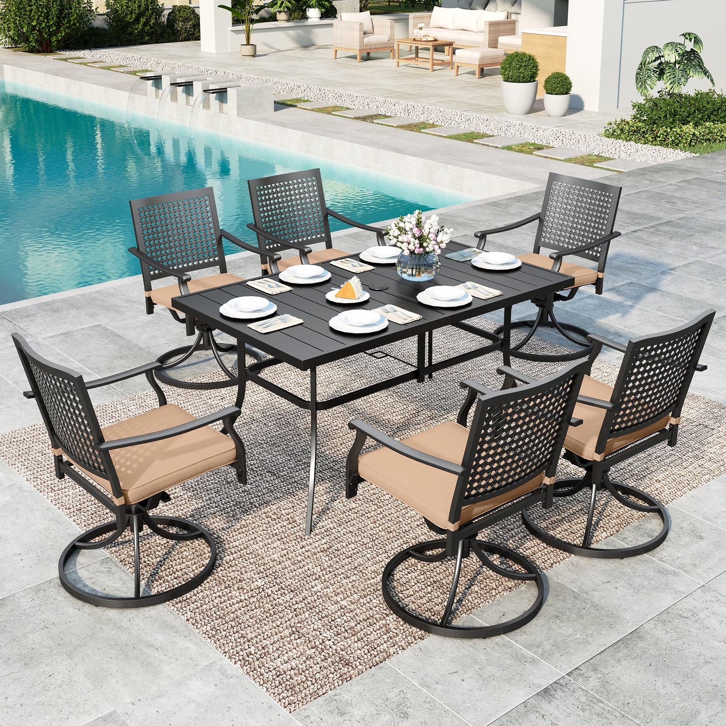 SUMMIT LIVING 7-Piece Outdoor Patio Dining Set, Metal Steel Swivel Chairs with Cushions & Rectangle Table with Umbrella Hole, Black & Brown
