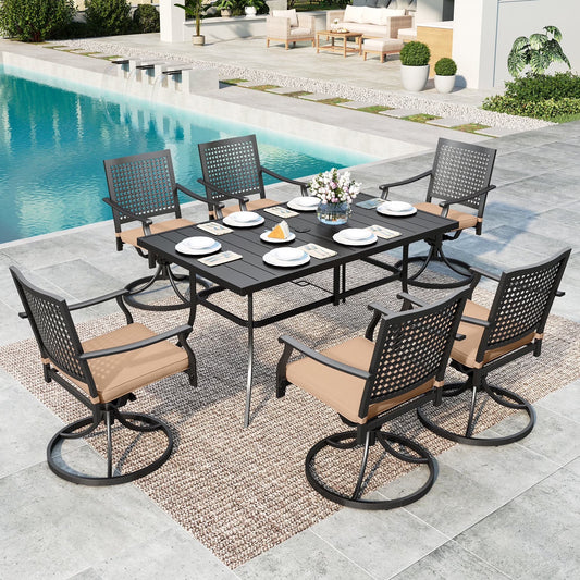 SUMMIT LIVING 7-Piece Outdoor Patio Dining Set, Metal Steel Swivel Chairs with Cushions & Rectangle Table with Umbrella Hole, Black & Brown