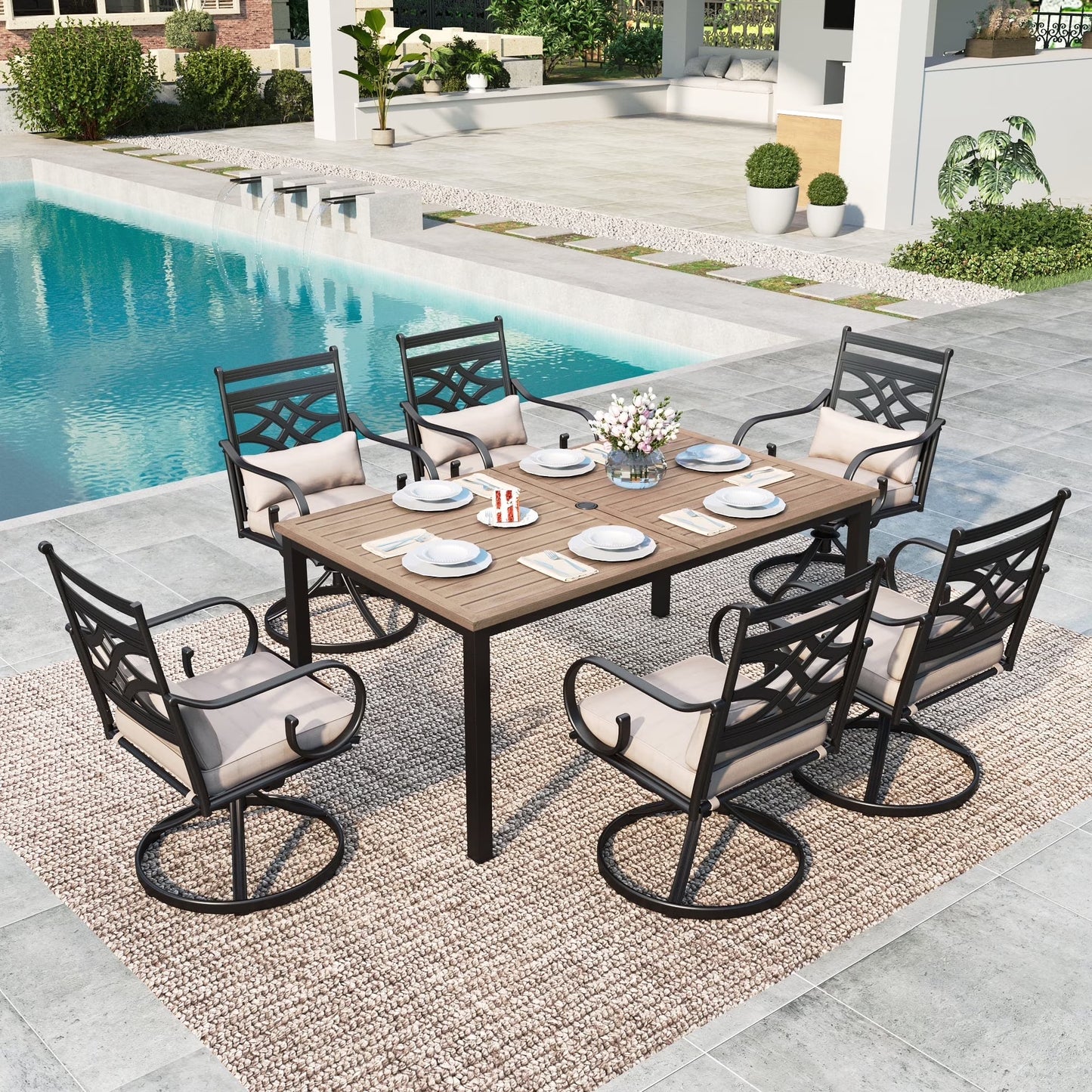 SUMMIT LIVING 7-Piece Outdoor Dining Set with Cushioned Swivel Chairs & Umbrella Support Table for 6-Person, Black & Beige