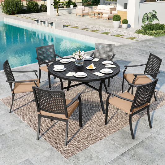 SUMMIT LIVING 7-Piece Outdoor Patio Dining Set with 6 Steel Stackable ArmChairs with Cushions & Round Table with Umbrella Hole, Black & Beige