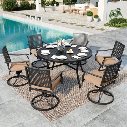 SUMMIT LIVING 7-Piece Outdoor Patio Dining Set with 6 Steel Swivel ArmChairs with Cushions & Round Table with Umbrella Hole, Black & Beige