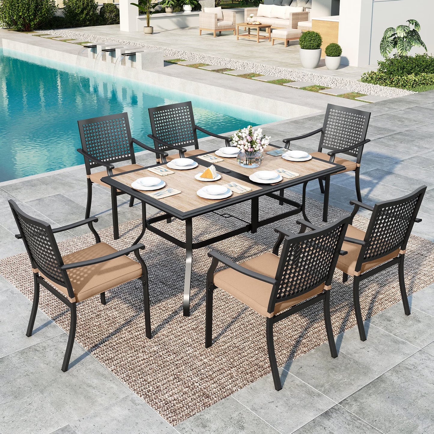 SUMMIT LIVING 7-Piece Outdoor Patio Dining Set with Rectangle Steel Table with Wooden Tabletop & Stackable Chairs with Cushions, Black & Beige