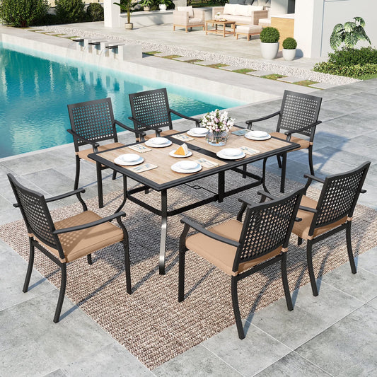 SUMMIT LIVING 7-Piece Outdoor Patio Dining Set with Rectangle Steel Table with Wooden Tabletop & Stackable Chairs with Cushions, Black & Beige