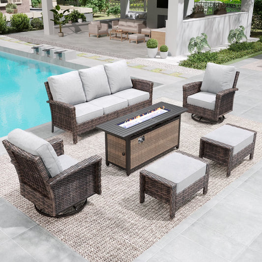 SUMMIT LIVING 7-Seat Outdoor Conversation Set with 56" Gas Fire Pit Table (50,000 BTU), Wicker Sectional Patio Furniture Set with Swivels Chairs, Light-gray