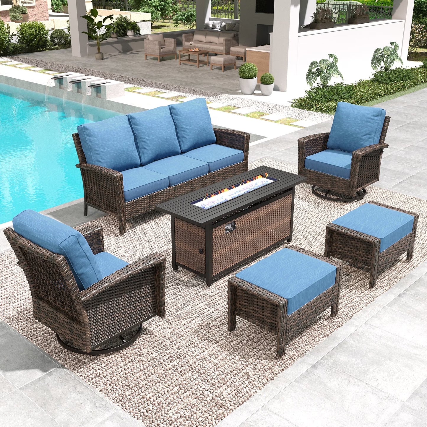 SUMMIT LIVING 7-Seat Patio Furniture Set with 56" Gas Fire Pit Table (50,000 BTU), Wicker Sectional Outdoor Conversation Set with Swivels Chairs, Navy blue