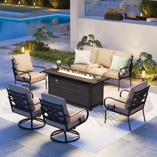MF Studio 7-Seat Patio Conversation Set with 45" Fire Pit Table, Metal Outdoor Furniture Sofa Set with Swivel Chairs, Black & Beige