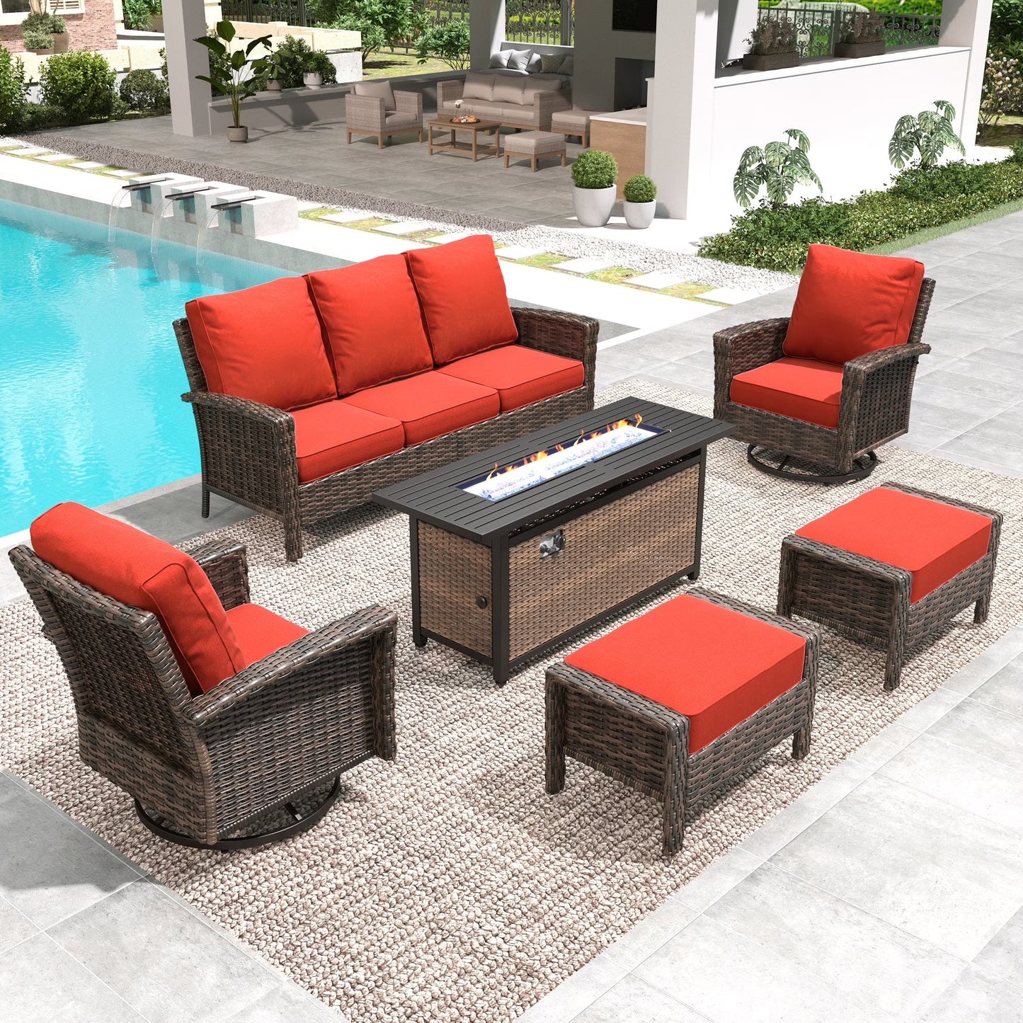 SUMMIT LIVING 7-Seat Outdoor Conversation Set with 56" Gas Fire Pit Table (50,000 BTU), Wicker Sectional Patio Furniture Set with Swivels Chairs, Red