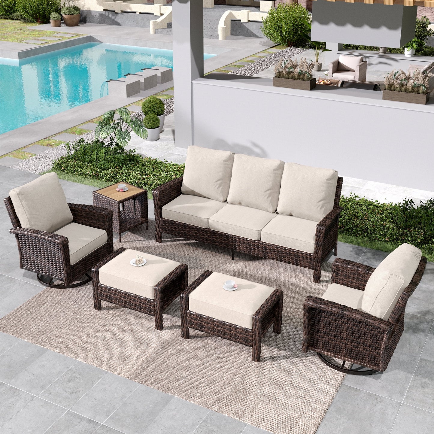Summit Living 7-Seat Wicker Patio Furniture Set with 2 Swivel Chairs & 3-Seat Sofa with 2 Ottoman & 1 Coffee Table, Outdoor Sectional Conversation Set for Garden, Beige