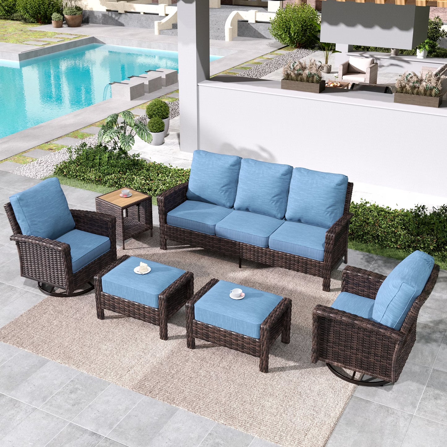 SUMMIT LIVING 7-Seat Wicker Patio Furniture Set with 2 Swivel Chairs & 3-Seat Sofa with 2 Ottoman & 1 Coffee Table, Outdoor Sectional Conversation Set for Garden, Navy-blue