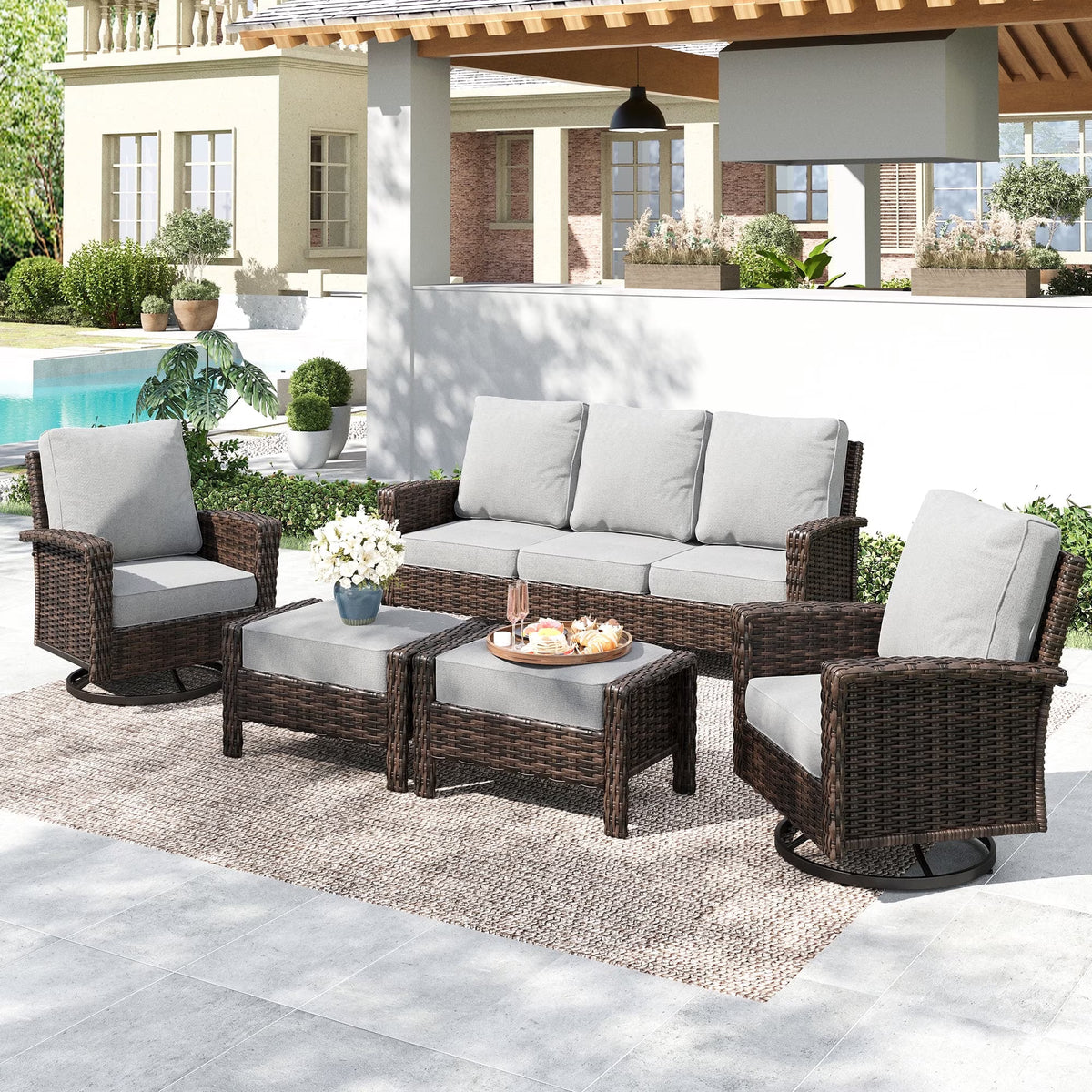 SUMMIT LIVING 7-Seat Wicker Outdoor Patio Furniture Set with Swivel Chairs & Ottomans, Metal Sectional Patio Conversation Set, Light Gray