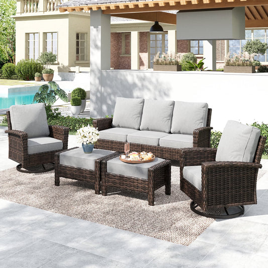 SUMMIT LIVING 7-Seat Wicker Outdoor Patio Furniture Set with Swivel Chairs & Ottomans, Metal Sectional Patio Conversation Set, Light Gray
