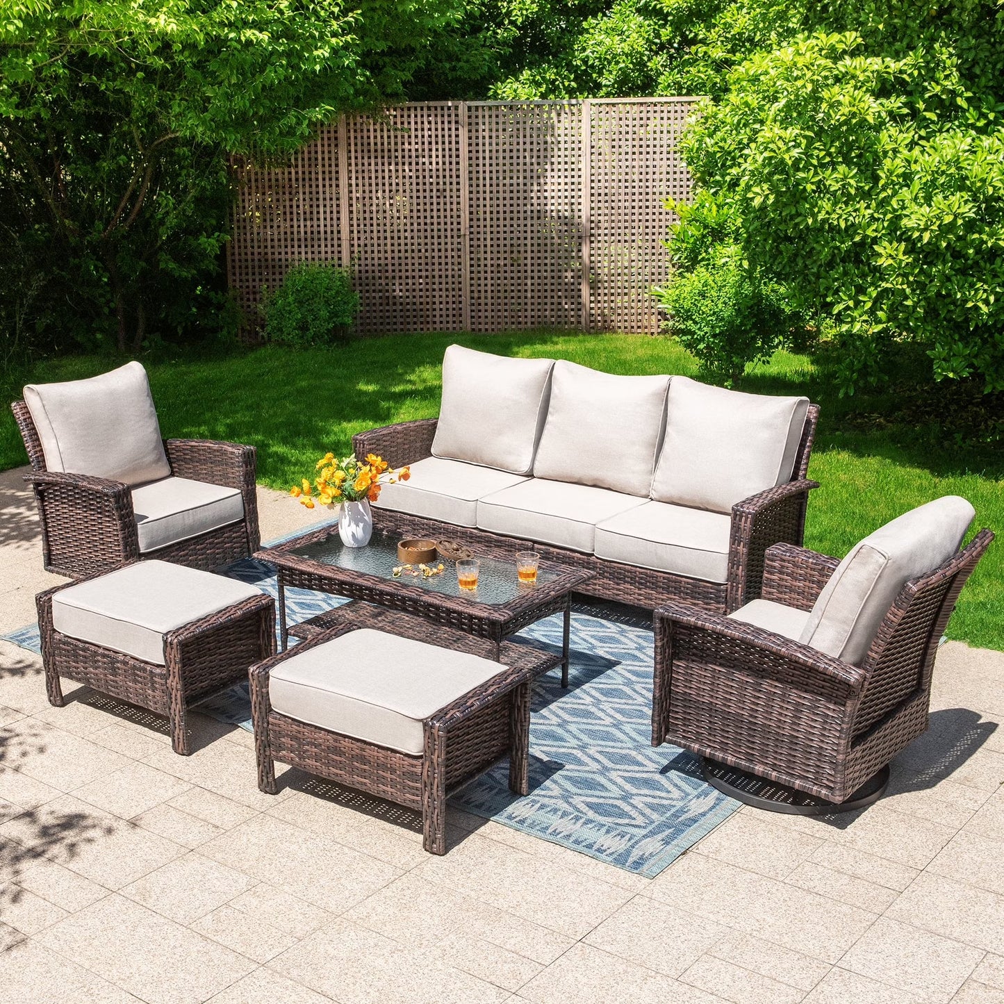 Summit Living 7-Piece Wicker Patio Furniture Set with 2 Swivel Chairs & 3-Seat Sofa & Coffee Table with 2 Ottoman, Outdoor Sectional Conversation Set, Beige