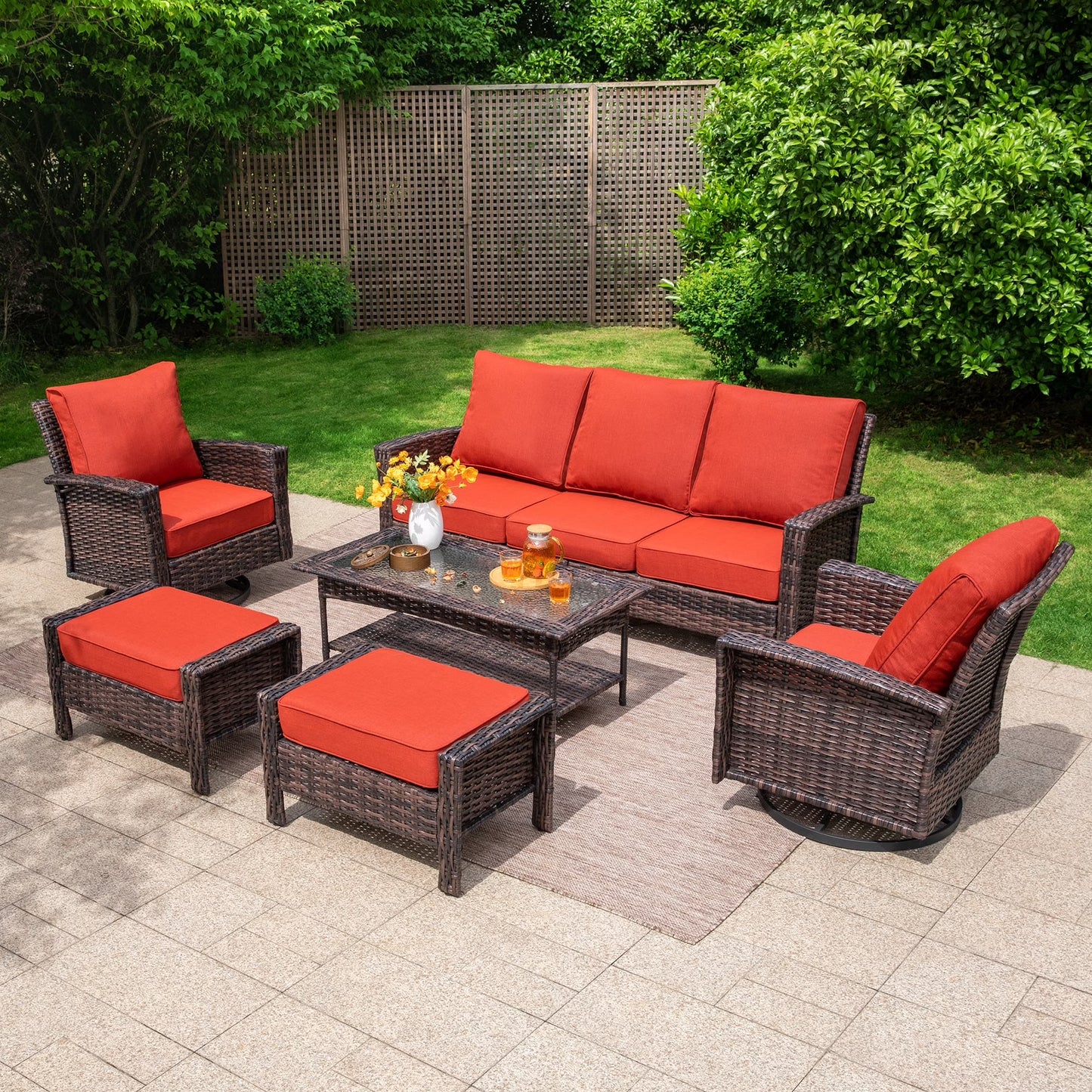 Summit Living 7-Piece Wicker Patio Furniture Set with 2 Swivel Chairs & 3-Seat Sofa & Coffee Table with 2 Ottoman, Outdoor Sectional Conversation Set, Red