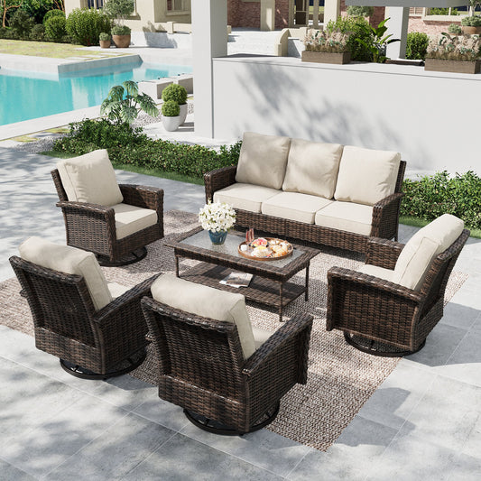 Summit Living 7-Piece Wicker Patio Furniture Set with 4 Swivel Chairs & 3-Seat Sofa with Coffee Table, Outdoor Sectional Conversation Set, Beige