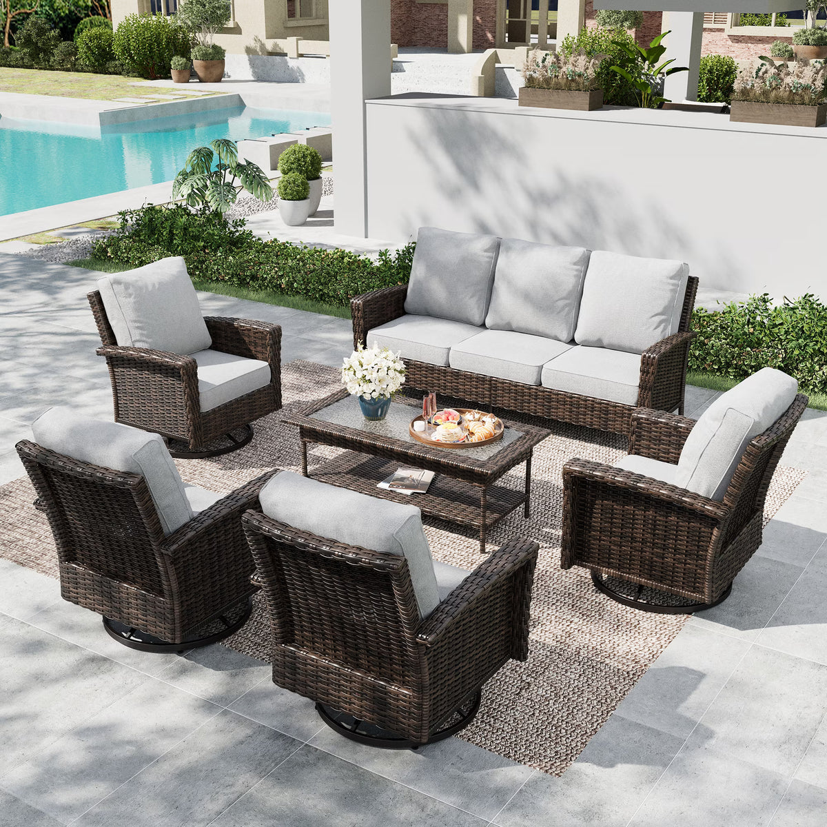 Summit Living 7-Piece Wicker Patio Furniture Set with 4 Swivel Chairs & 3-Seat Sofa with Coffee Table, Outdoor Sectional Conversation Set, Light-Gray