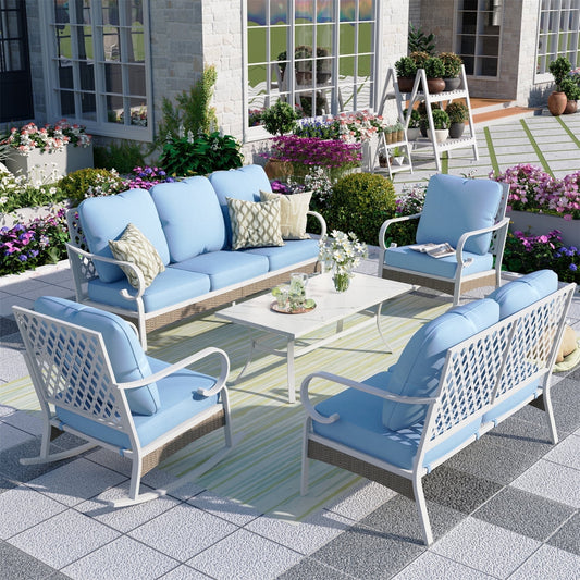 MF Studio 7-Seater Patio Conversation Set Metal Outdoor Furniture with Rocking Chair Sofa Blue