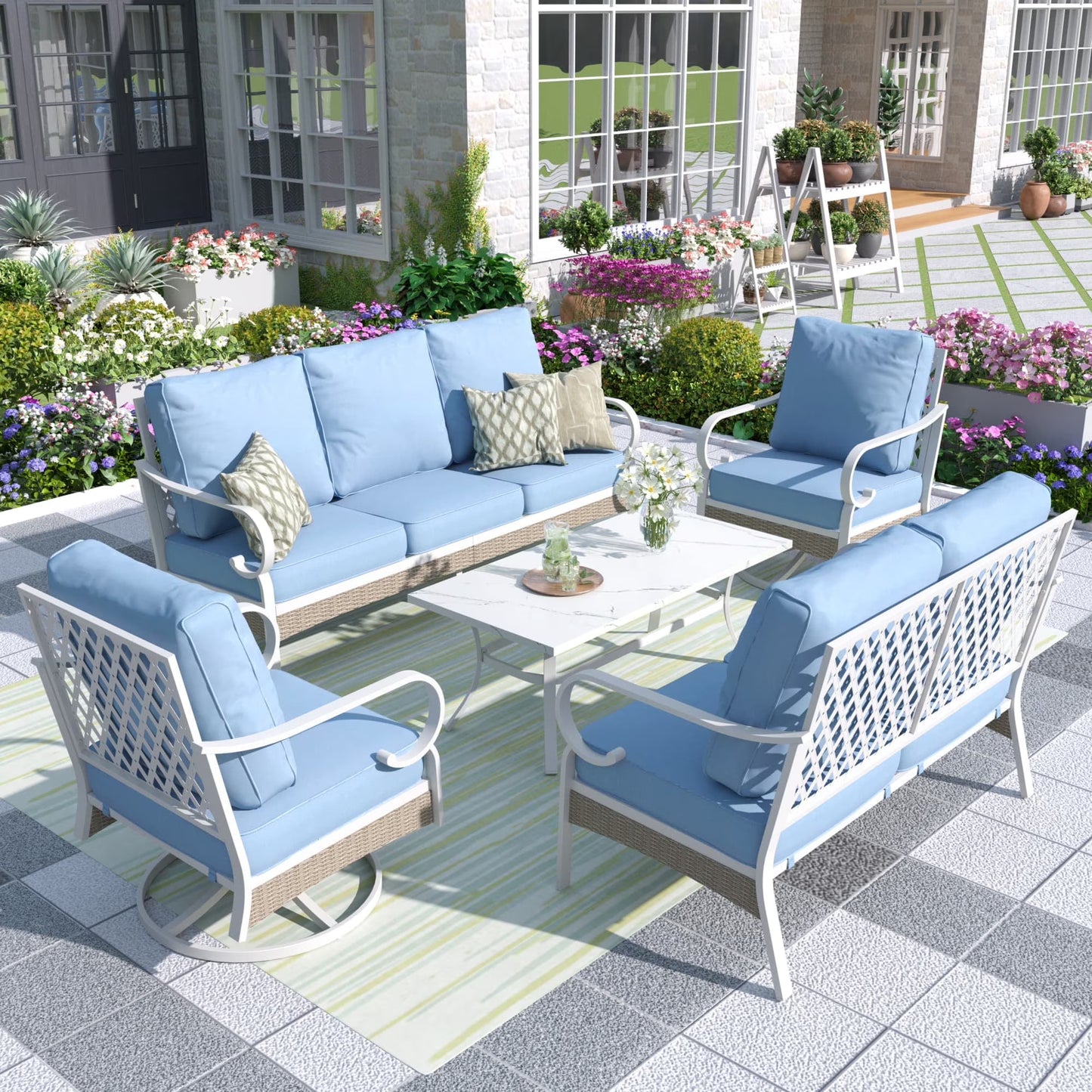MF Studio 7-Seater Patio Conversation Set Metal Outdoor Furniture with Swivel Chair Sofa Blue