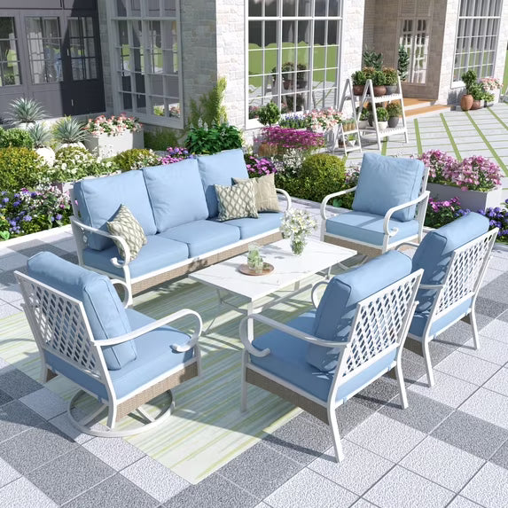 MF Studio 7-Seater Patio Conversation Set Metal Outdoor Furniture with Swivel Chair Sofa Blue