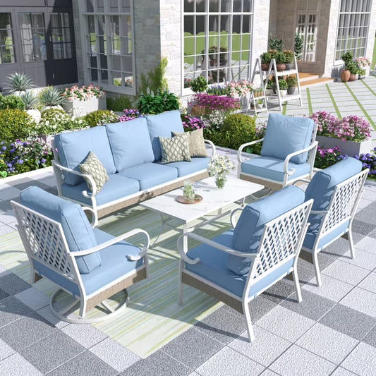 MF Studio 7-Seater Patio Conversation Set Metal Outdoor Furniture with Swivel Chair Sofa Blue
